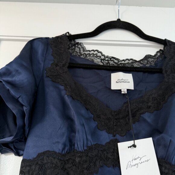 NWT Reformation Stella Silk Midi Dress Sz 0 Navy  Lace Trim Puff Sleeves w/ Tie - Picture 5 of 8